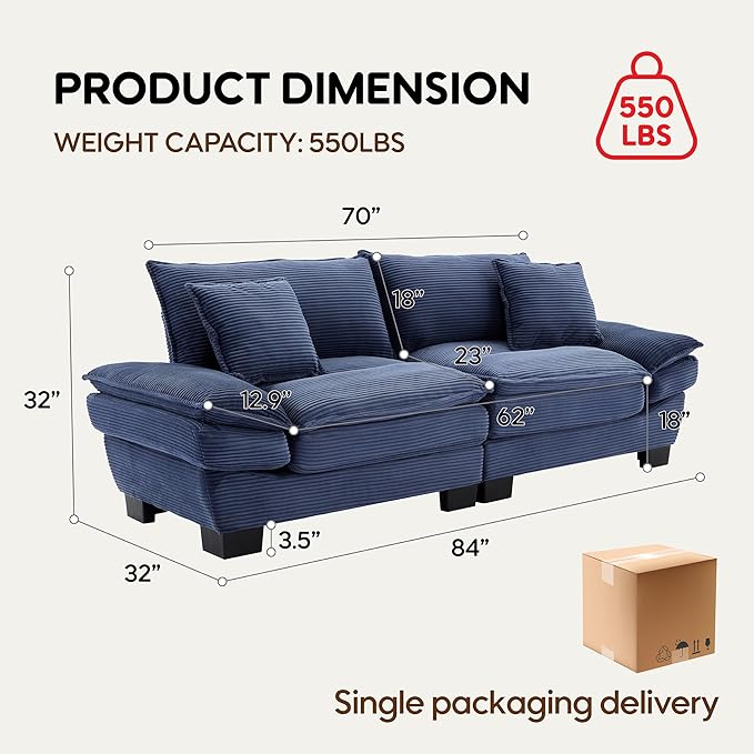 Modern 84 Corduroy Loveseat Sofa Ultra-Comfy Couch with 2 Pillows for Apartment Living Room Bedroom Home Office (Blue)
