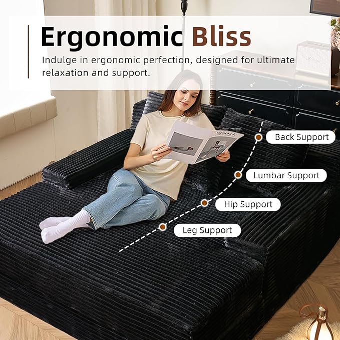 67'' Chaise Lounge Chair Indoor Oversized Upholstered Sofa Bed Modern Deep Seat Sofa Comfy Corduroy Sleeper Couch for LivingroomBedroomNo Assembly (Black)
