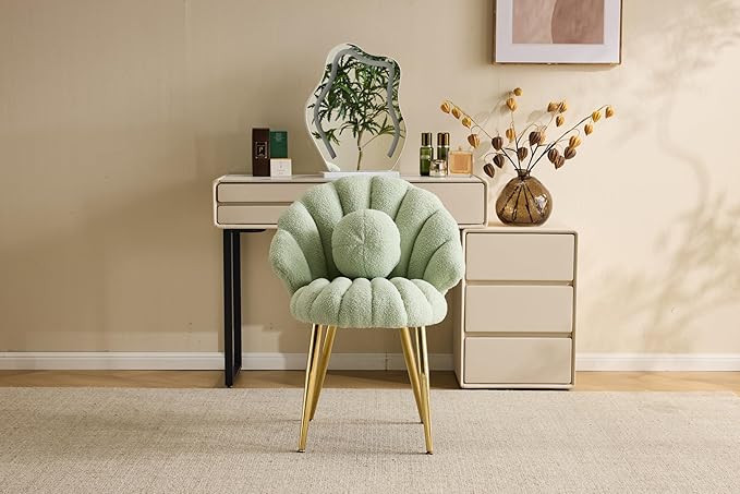 VINGLI Shell-Shaped Teddy Fleece Accent Vanity Chair with BackComfy Green and Gold Desk Chair No WheelsCute Small Pearl Deco PillowGift for Girls/Womenfor MakeupOfficeDiningNailSewingBedroom