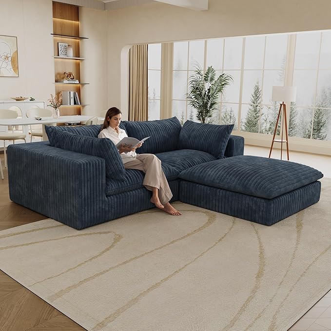 Boneless Corduroy Modular Couch with Ottoman 78.8 Comfy Cloud Couch for Small Spaces Deep Seat &amp Memory Foam No Assembly Required Compression Couches for Small Spaces(Blue) | Fluffy Throw Pi