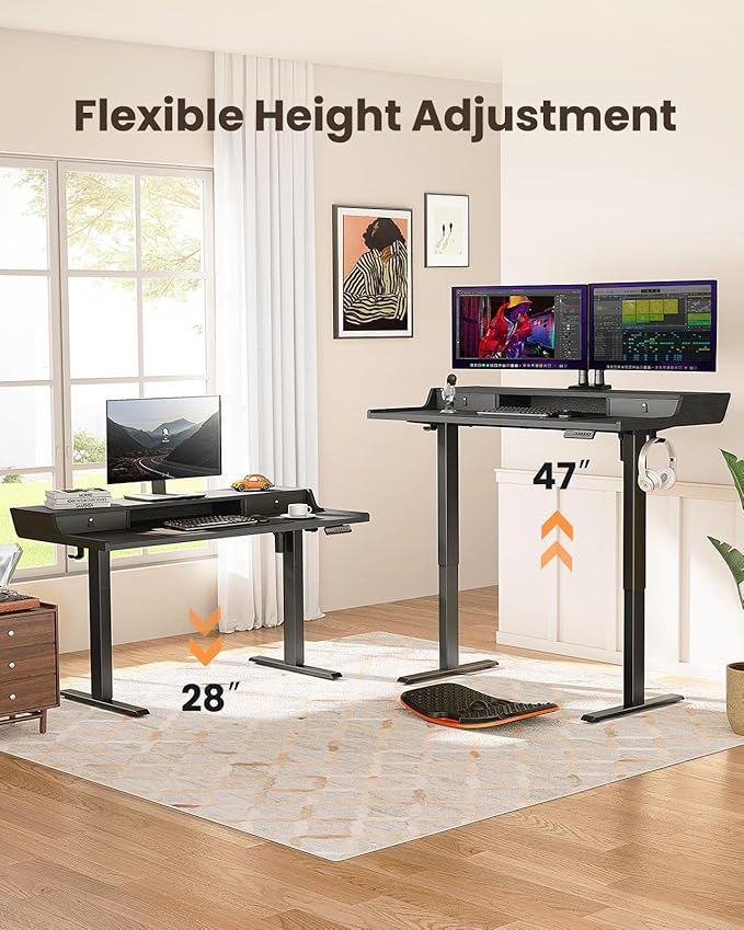 ErGear Electric Standing Desk with Drawers 48″ x 24″ Gaming Table Compatible Monitor Stand Stand up Desks Home Office Height-Adjustable Desk with Storage Shelf 4 Preset Heights Black