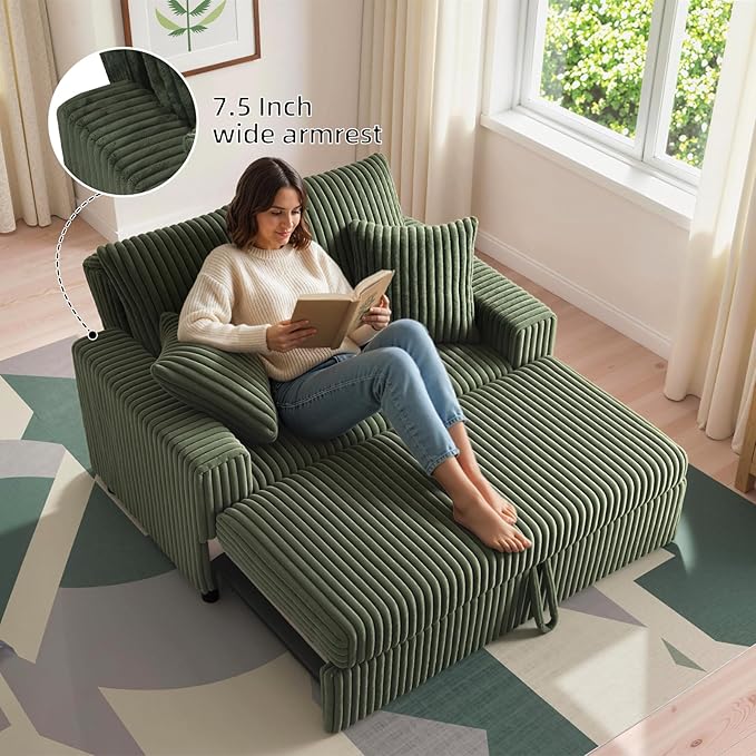 3 in 1 Convertible Sofa Bed52.8 Pull Out Couch with 2 Pillows and Side PocketsModern Corduroy Fabric Sleeper Loveseat with Adjustable Backrest for Living Room Bedroom Apartment (Green Corduroy)