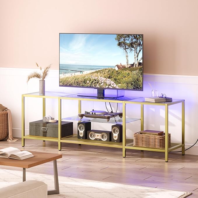 HOOBRO TV Stand with LED Lights and Power Outlets for TVs up to 75 Modern 63 Inch Tempered Glass TV Console Table with Open Shelves Media Entertainment Center for Living Room Gold GD165UDS01