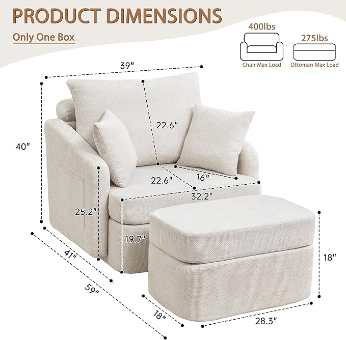39''W Oversized Accent Chair with OttomanComfy Swivel Lounge Reading Chairs for Living RoomBedroom (Chenille Beige)