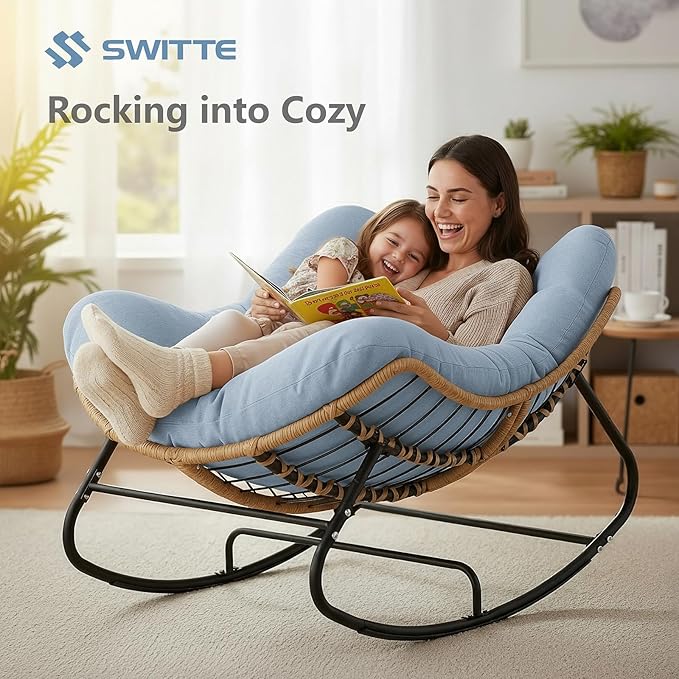 SWITTE Outdoor Rocking Chair Oversized Patio Papasan Rocker Comfy Wicker Reading Lounge Indoor Egg Chair for Bedroom Living Room Porch Garden Lawn-Light Blue