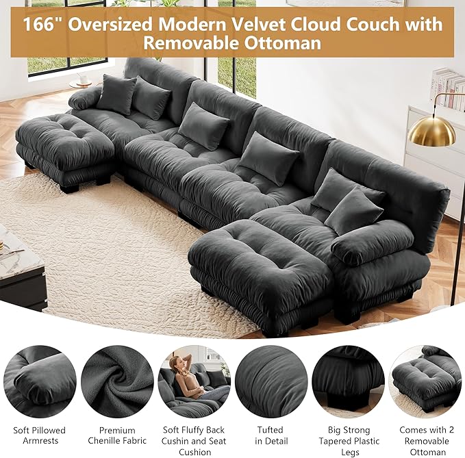 Aoowow Modern Modular Sectional Sofa173.2 Oversized 4 Seater U-Shaped CouchChenille Cloud Couches for Living RoomTufted 4 Seat Cloud Sofa Deep Seat (Chenille Grey 4 Seater with 2 Ottomans)
