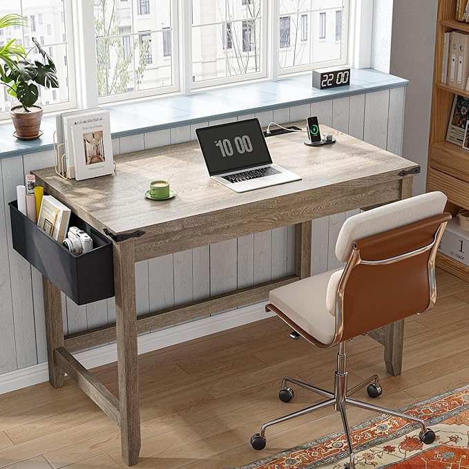 EnHomee 32 Small Desk Thickened &amp Reinforced with Power Outlet Sturdy Computer Desk with Storage Bag DetachableAffordable Luxury Home Office Desk and Writing Desk for Small SpacesAsh Gray