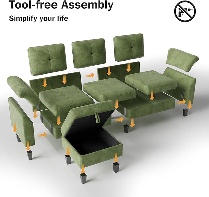 WEUP 79 Convertible Sectional Couch with Storage Ottoman L Shaped Small Sofa 4 Seat Couches for Living Room Apartment Small Space Green