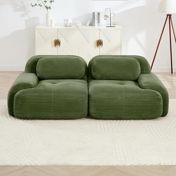 80 Modern Modular Boneless Sectional Couches for Living Room 2 Seater Deep Seat Compressed Sofa Set No Assembly Required Corduroy Fabric Cloud Comfy Loveseat Sofas para Sala Green
