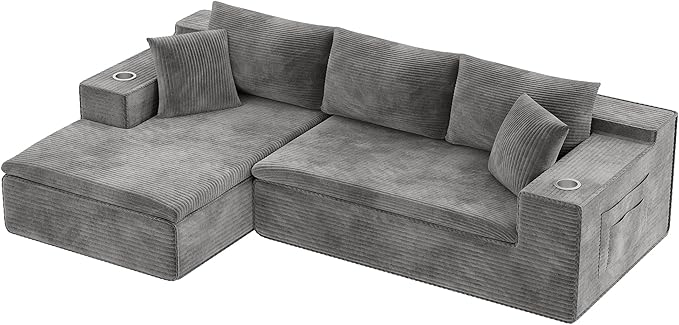 Homall 109 Boneless Couch with Memory Foam Modular Sectional Sofa with L-Shape Chaise Cloud Couch with Deep Seat Dual Cup Holders &amp Side Pockets No Assembly Required (Gray)