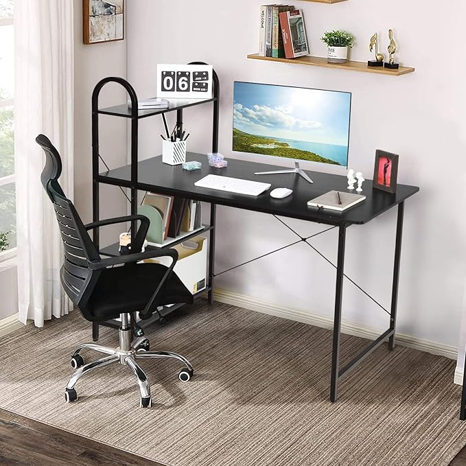 Tangkula 48-Inch Reversible Computer Desk with Storage Shelves Home Office Study Writing Desk with Bookshelves Writing Computer Workstation Home Office Desk (Black)