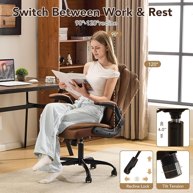 YFO Leather Office Ergonomic Home Office Desk Chair Back Support Swivel Executive Office Chair with Wheels and Flip-Up Armrests Small Gaming Chair with Adjustable Rocking Function Brown