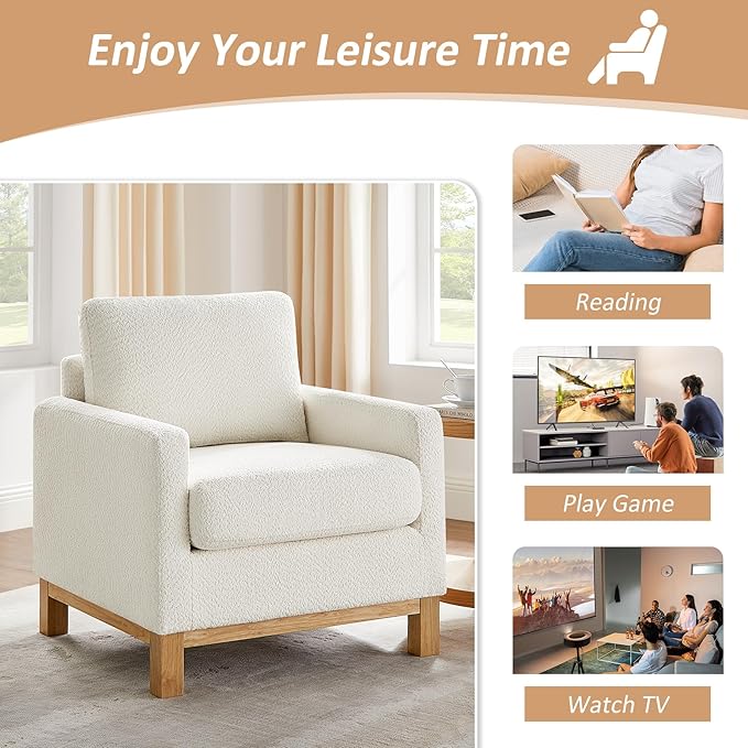 VANOMi Accent Chair 29.5 Reading Chair Modern Living Room Chair with Thick Cushion&ampWood Base Comfy Upholstered Boucle Armchair Single Sofa for Bedroom Office White