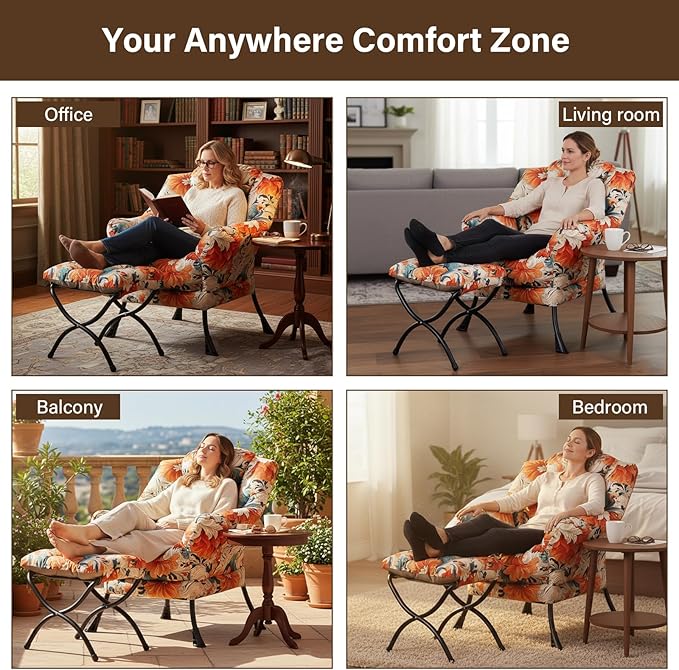 Welnow Lazy Chair with Ottoman Modern Accent Chair with Armrests and a Side Pocket Leisure Sofa Armchair Set Reading Armchair with Footrest for Small Space Orange Blue