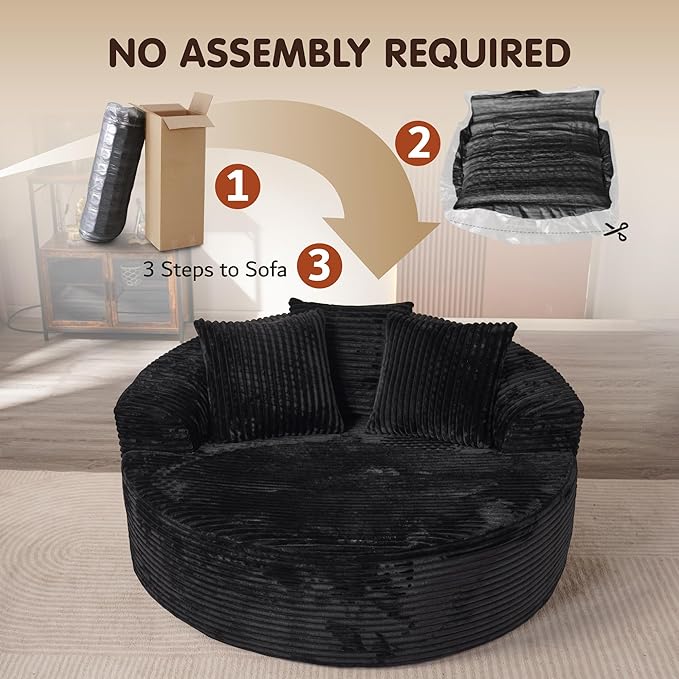 ovios 58 Oversized Round Chair Lounge Chaise Indoor No Assembly Required Cloud Large Circle Chair with Plush Fuax Fur Fluffy Modern Sleeper Sofa Bed for Reading Yoga Black (Plush Corduroy Fabric)
