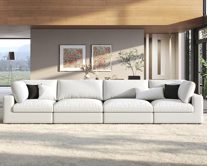 PaPaJet Modular Sectional Sofa 152 Inches Down Filled Sectional Sofa 4 Seats Oversized Comfy Couch for Living Room White Linen Cloud Couch Set