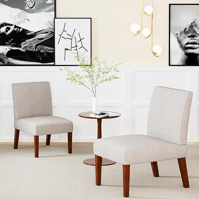 Set of 2 Accent Chairs with Matching Table Linen Upholstered Solid Wood Side Chairs for Living Room Bedroom Waiting Room Guest Lobby Beige