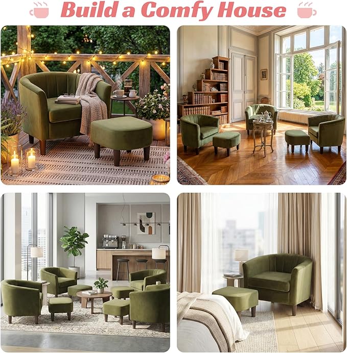 Dkelincs Accent Chair with OttomanBarrel Reading Chair with Velvet Fabric for Living RoomMore Spacious and SupportiveGood Weight CapacityGreen
