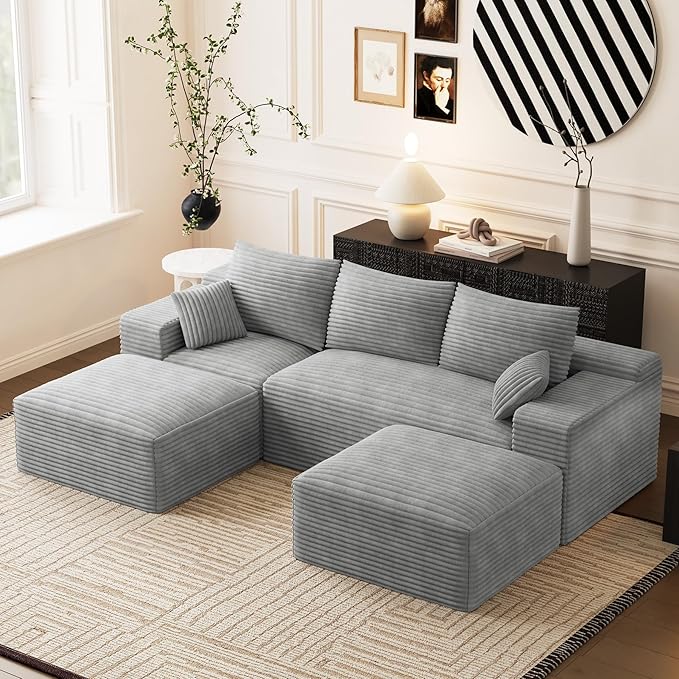 Modular Sectional Sofa Cloud Couch 108'' Comfy U Shaped Sectional Couches for Living Room Deep Seat Cozy Fluffy Corduroy Boneless Couch Sectionals Sofa with Movable Ottomanm Light Grey