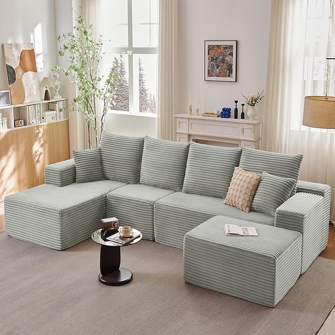 135 L-Shape Sofa with Ottoman Modern Modular Sectional Comfy U-Shape Cloud Couch Deep Seat Upholstered Corduroy Sleeper Chaise Longue for Living Room Bedroom No Assembly Required Grey