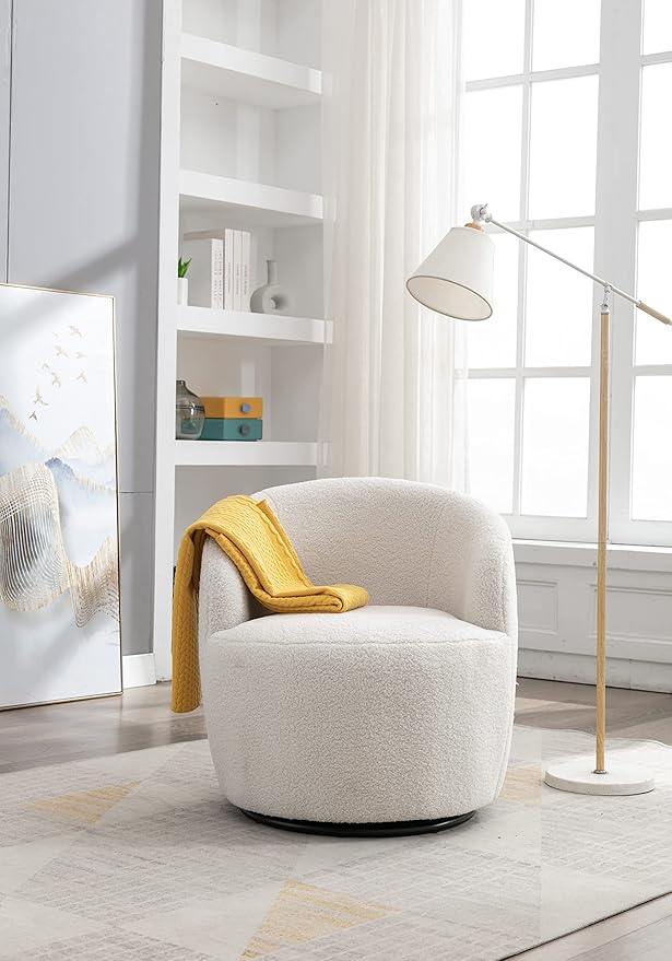 Ivory White Swivel Armchair with Metal Ring Plush Teddy Fabric Accent Chair for Bedroom Living Room