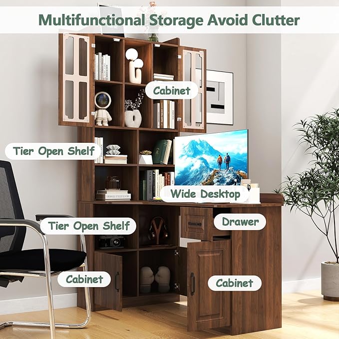 Walnut Corner Desk with Bookshelf 2-in-1 L Shaped Desk with Hutch &amp Drawers Home Office Desk with Shelves &amp Storage Wooden Structure Easy Assembly (Walnut)
