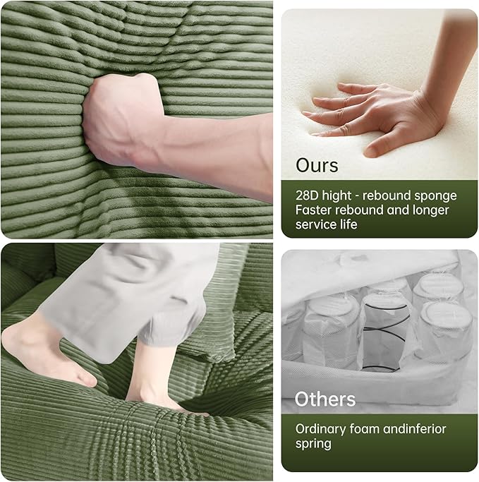 92.4 Oversized Modular Sectional Sofa Corduroy Large Sectional Couches for Living Room Love Seat Couches with 2 Movable Ottomans Modern Deep Seat Sofa Set U Shaped Green