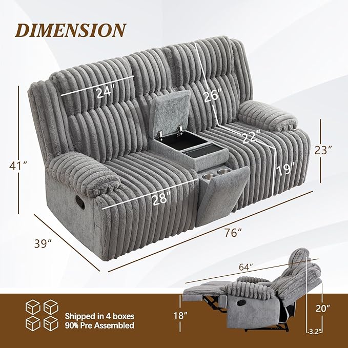 Oversized Reclining Loveseat with Hidden Cup Holders &amp Wireless Charger Manual Double Recliner Sofa Wall Hugger Loveseat Recliner with USB Ports for Living Room (Gray Loveseat)