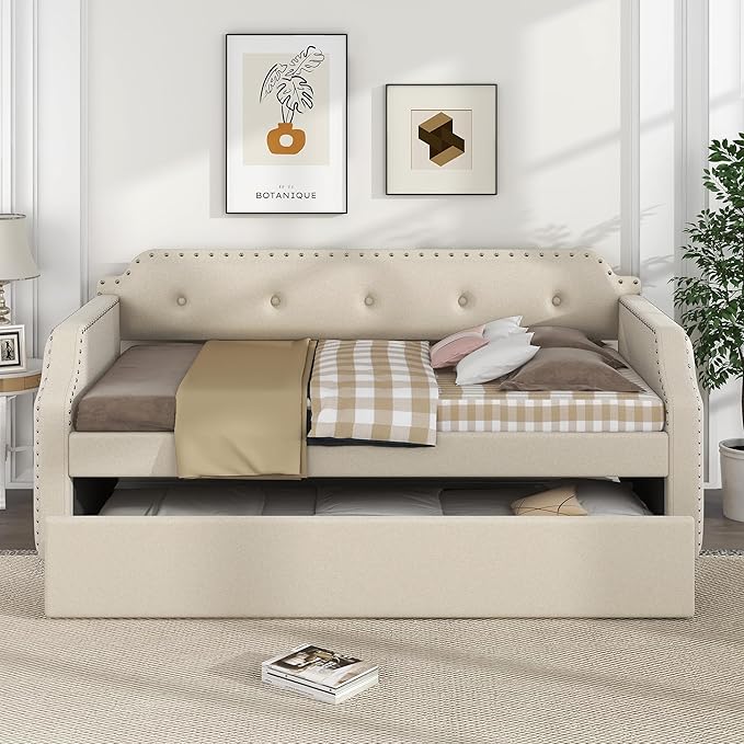 Flieks Twin Upholstered Daybed Linen Fabric Upholstered Tufted Sofa Bed with TrundleSofa Bed Trundle Daybed with Wood Frame(Beige)