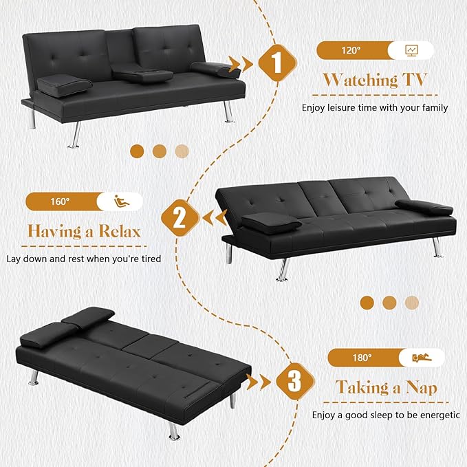 Modern Futon Sofa Bed 67 Inch Leather Convertible Futon Couch Loveseat Sleeper for Small SpacesComfy Folding Recliner Couches for Living Room Adjustable Backrest2 Cup HoldersMetal Legs (BLACK)