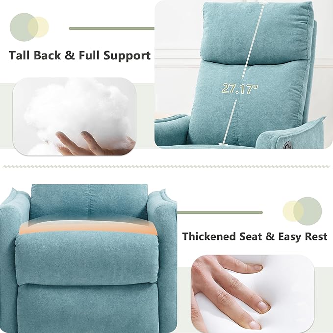 cinkehome Swivel Rocker Recliner Glider Rocker Recliner Chair for Nursery Manual Reclining Chair with Heated Massage Small Spaces Living Room Linen Light Blue