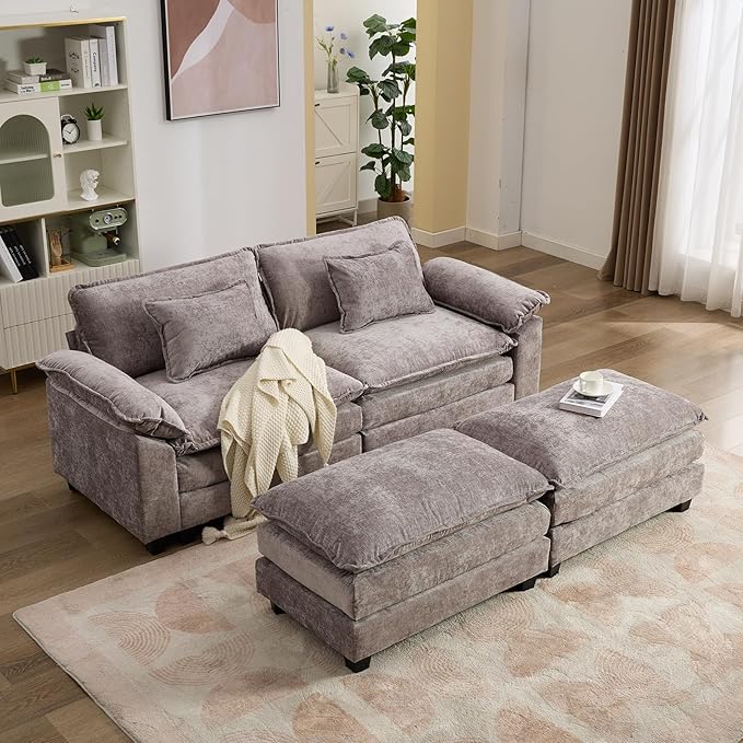 IPKIG 82.6 Sectional Sofa Cloud Couch Modern Chenille Comfy Upholstered 2-Seat Sofa with 2 Ottoman 2 Lumbar Pillow Deep Seat Modular Couch for Living Room Apartment Office Studio Light Grey |