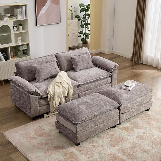 IPKIG 82.6 Sectional Sofa Cloud Couch Modern Chenille Comfy Upholstered 2-Seat Sofa with 2 Ottoman 2 Lumbar Pillow Deep Seat Modular Couch for Living Room Apartment Office Studio Light Grey |