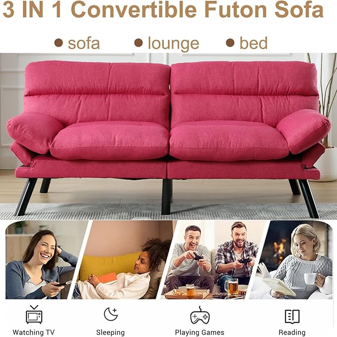 70“Futon Sofa BedConvertible Folding Futon Couch Breathable Small CouchUpholstered Double Loveseat Bed for Compact Living Studio in Room and BedroomOfficesFamilyDorm (Rose Red Linen)