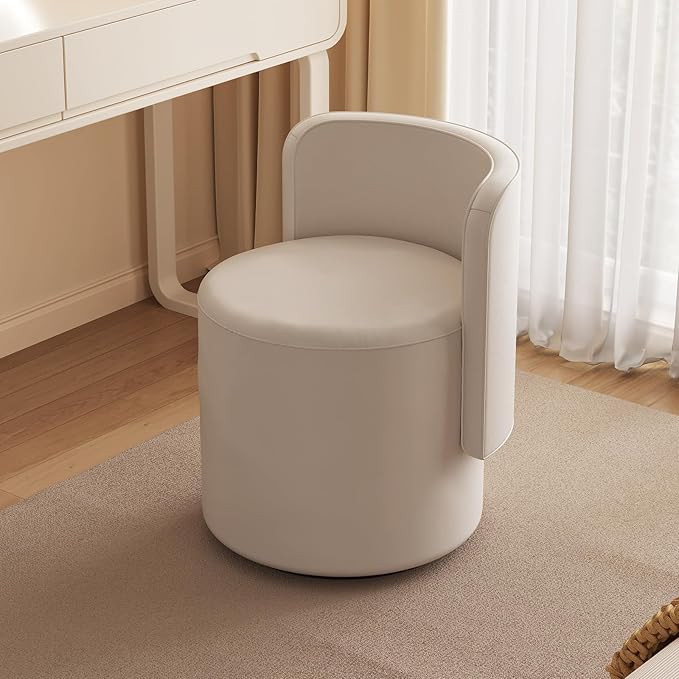360° Swivel Vanity Chair with Back Modern Upholstered Leather Makeup Chair Comfortable Armless Accent Stool for Bedroom Living Room or Dressing Table Gray