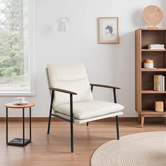 Zouron Upholstered Accent Chair with Metal Frame Modern Living Room Reading Chair with Wooden Armrests and Cushion Back Beige