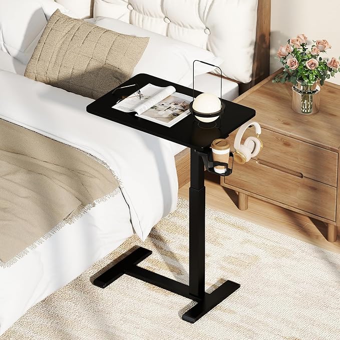 GOFLAME Rolling Standing Desk C Shaped End Table Adjustable Height with Hidden Wheels Cup Holder &amp Headphone Hook Mobile Sofa Couch Bed Side Table for Living Room Home Office (Black)