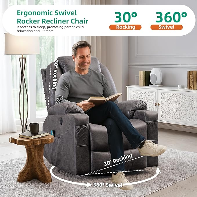 VIVIJASON Manual Massage Rocker Recliner Chair 360° Swivel Glider Lounge Chair with Heat Ergonomic Home Theater Recliner Sofa with 2 Side Pockets Cup Holders &amp USB Ports for Living Room Gray