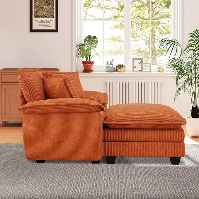 48 W Oversized Chaise Lounge Chair Indoor with Ottoman Upholstered Cloud Accent Chair with Extra Wide Armrests Comfy Green Corduroy Sleeper Chair for Living Room Bedroom Reading (Orange)