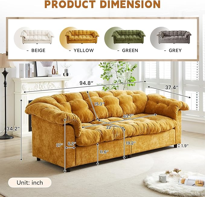 3-Seater Couch 94.8 inch Oversized Modern Comfy Tufted Chenille Fabric Cloud Fluffy Foam Deep Seat Soft Loveseat Sofa Couch for Living Room Bedroom Office Yellow