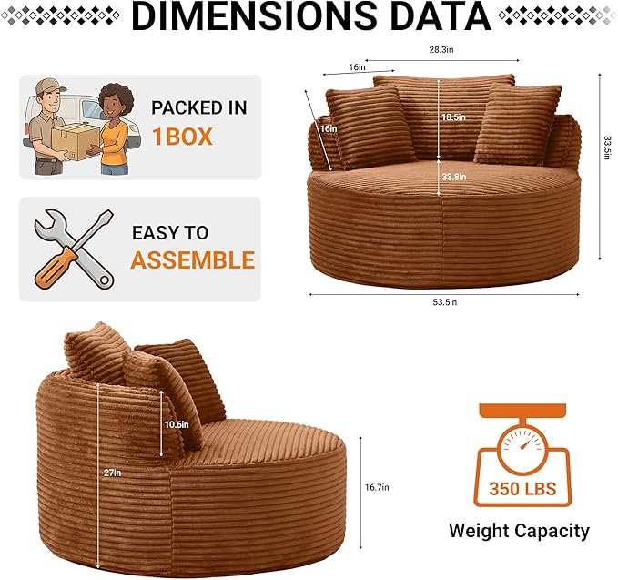 54-inch Oversized Round Chaise Longue Chair Indoor Modern Upholstered Corduroy Deep Seat Circle Cloud Chair Single Boneless Reading Chair for Living Room Bedroom Apartment Orange