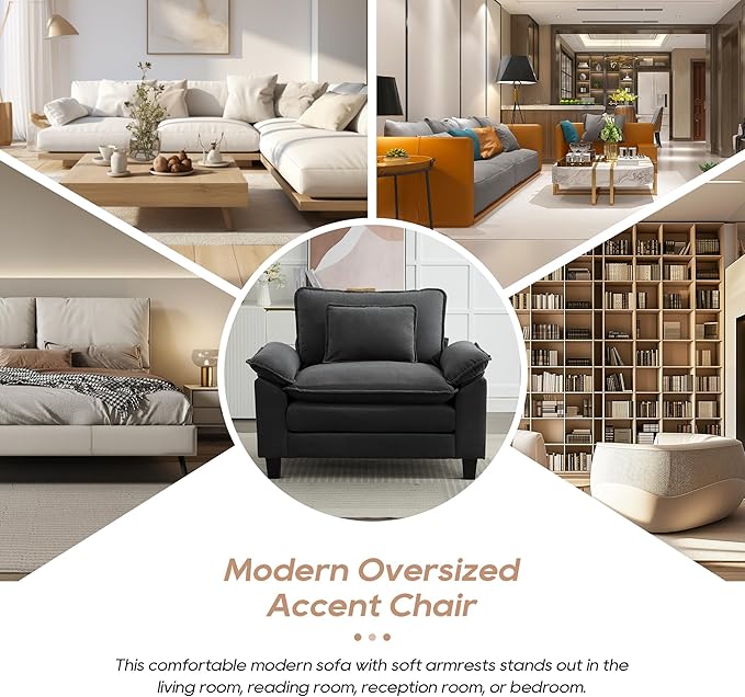 IPKIG Chenille Oversized Accent Chair - 53 W Cozy Upholstered Single Reading Armchair Modular Cloud Sofa for Living Room Bedroom Kids Room Family Room Reading Nook (Grey Chair Only)