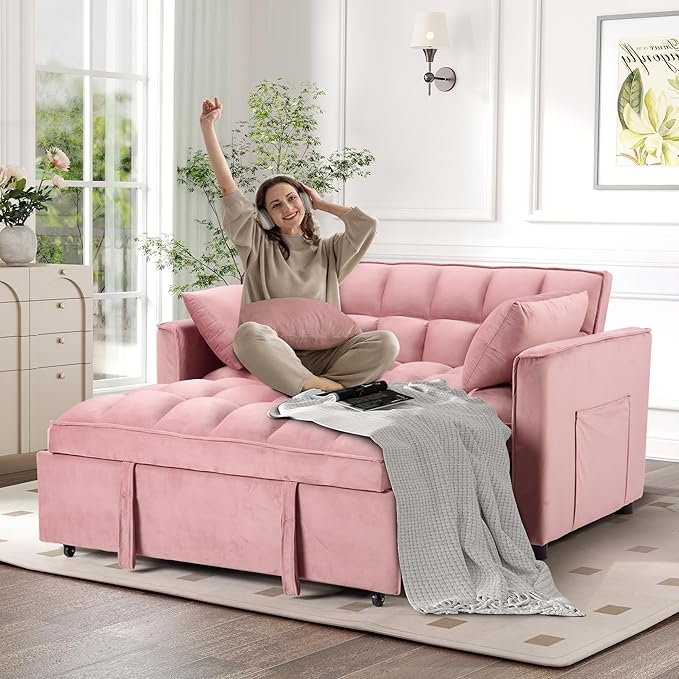 EBELLO 3 in 1 Convertible Sleeper Sofa Bed Modern Velvet Loveseat Couch Pullout Bed for Living Room Small Love Seat Lounge Sofa with Reclining Backrest Pillows and Side Storage Pocket Pink