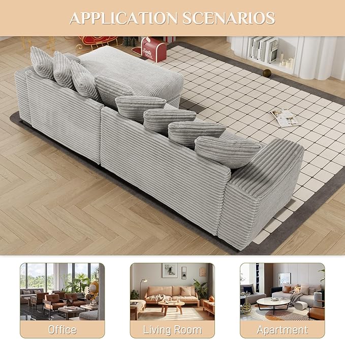 Modular Sectional Sofa with Oversized Chaise 111 L Shaped Sectional Couches Solid Wood Frame Corduroy Sofas for Living Room - Grey Right Facing Chaise