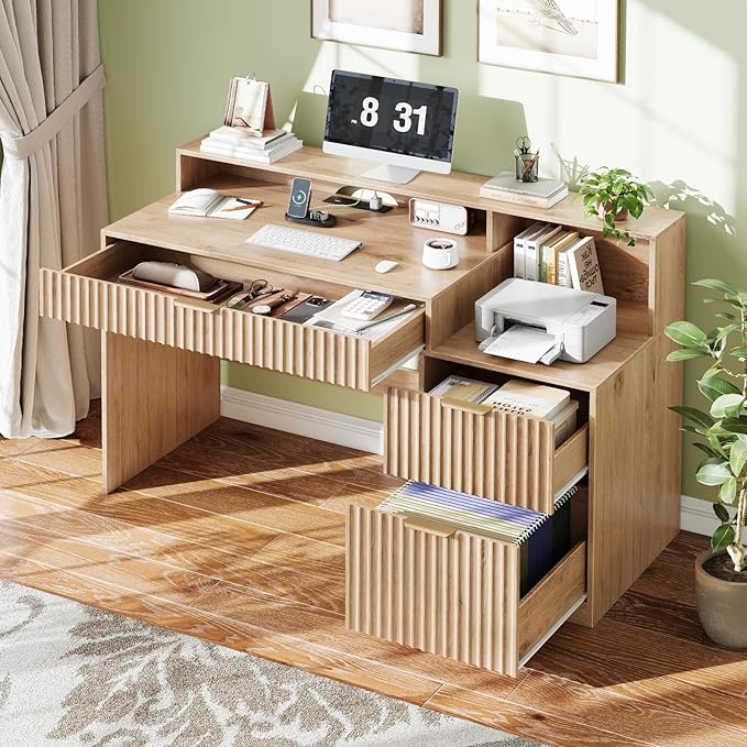 Vabches Fluted Computer Desk with Drawers Home Office Desk with Power Outlets Printer Stand and Storage Cabinet Study Writing Desks with Long Monitor Stand Oak