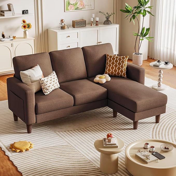 Homall Convertible Sectional Sofa 3 Seat L Shaped Couch with Side Storage Pocket Sofas with Movable Ottoman Small Linen Couches for Living Room &amp Apartment (Linen Fabric Brown)