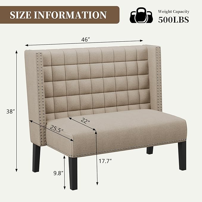 Yongqiang Modern Upholstered Bench with Back Tufted Loveseat Settee for Dining Room Living Room Entryway Sofa Couch Banquette with Wood Legs Khaki