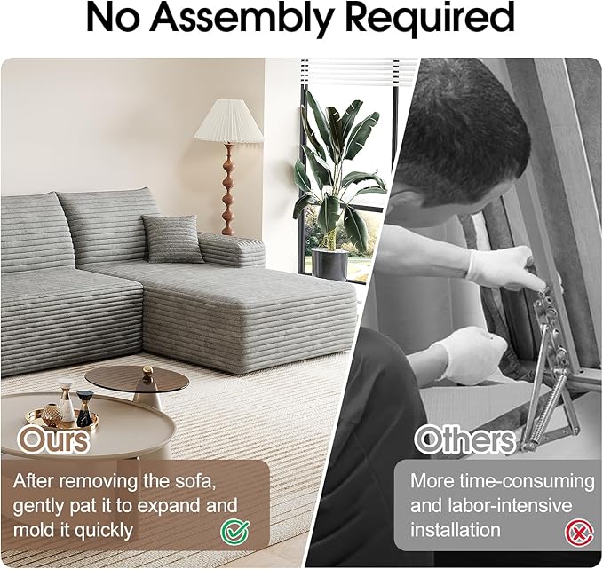 107.5 L-Shaped Sectional Modern Boneless Corduroy Couch with Chaise-No Assembly Required! Deep-Seat Upholstered Modular Cloud Sofa for Living Room Plush Corduroy Fabric (GreyRight Facing Chaise)