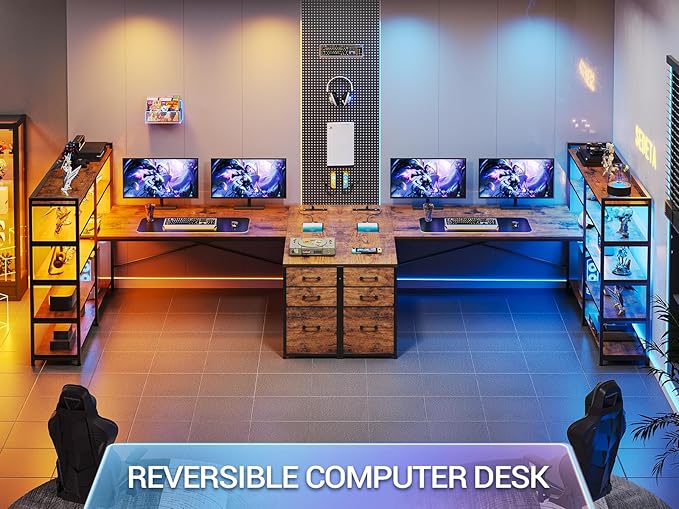 SEDETA L Shaped Desk with Storage Shelves 64.5 Reversible U Shaped Office Desk with 3 Fabric Drawers Gaming Desk with Power Outlet &amp LED Strip for Home Office Rustic Brown