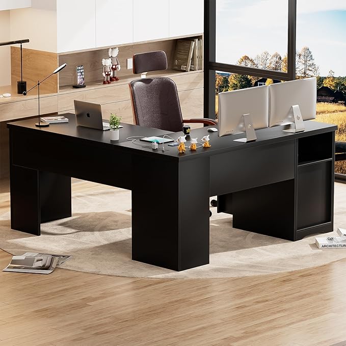 Unikito L Shaped Desk with Lift Top and Drawers Large Office Desk with Power Outlets and USB Charging Ports Sturdy Corner Computer Desk Writing Table with Storage L Shape Standing Desk Black